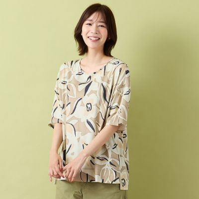 【極美品】バレンザ 44 カットソー 袖ロゴ シアー ボタニカル柄 ナイロン素材 手洗いOK・綿100％】ボタニカルプリント・リラックスカットソー
