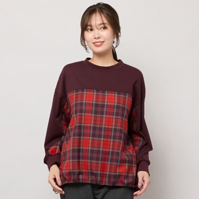 45R　赤と白チェック柄　ちび襟　長袖シャツワンピース　勾玉ボタン　ロゴ刺繍 45R 赤と白チェック柄 ちび襟 長袖シャツワンピース 勾玉ボタン ロゴ