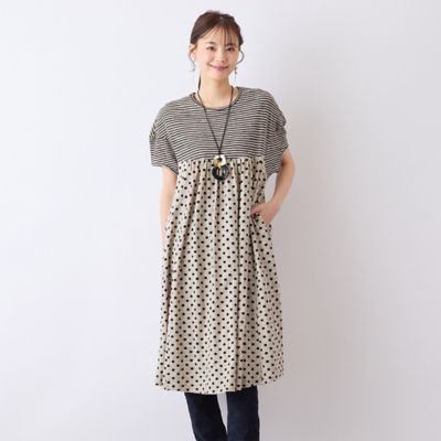 ＜Liliane Burty Eclat (Women/小さいサイズ) ＞【Ｓ～Ｍフリーサイズ】ウォッシャブル天竺ドット×ボーダーワンピ（７３０１３５２５）