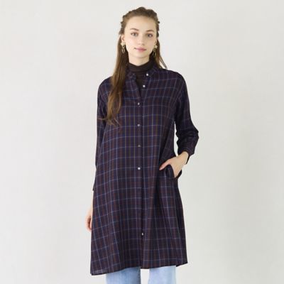 洗える】タータンチェックバンドカラーロングブラウス