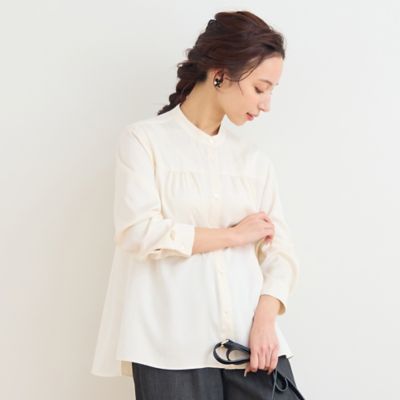 洗える】シルキーツイルバンドカラーフレアブラウス（73032652