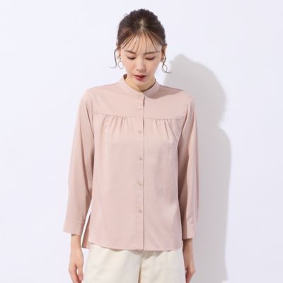 洗える】シルキーツイルバンドカラーフレアブラウス（73032652