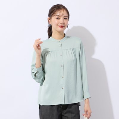 洗える】シルキーツイルバンドカラーフレアブラウス（73032652