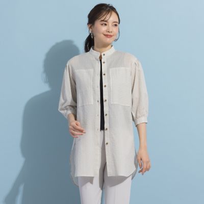 ＜Liliane Burty Eclat (Women/小さいサイズ) ＞【Ｓ・Ｍサイズ】ミラクルウェーブストライプ　バンドカラーブラウス（７３０３３４２２）