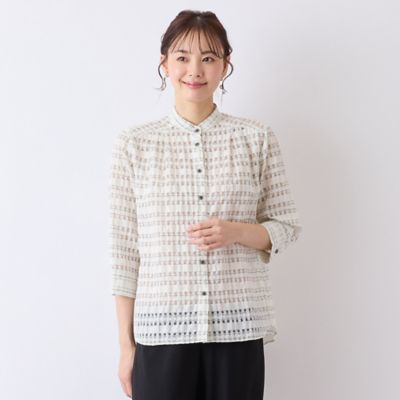 ＜Liliane Burty Eclat (Women/小さいサイズ) ＞【Ｓ・Ｍサイズ】シースルーチェック　バンドカラーブラウス（７３０３３５２２）