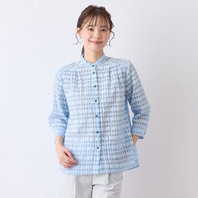【Ｓ・Ｍサイズ】シースルーチェック　バンドカラーブラウス（７３０３３５２２）
