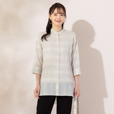 ＜Liliane Burty Eclat (Women/小さいサイズ) ＞【Ｓ・Ｍサイズ】シアーチェック　バンドカラーロングブラウス［同素材アイテム有］（７３０３５４５１）