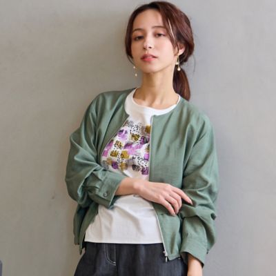 Pal''las Palace 麻100%ノーカラージャケットフリーサイズ深緑色 グリーン系 レディースのノーカラージャケット | 三越伊勢丹オンライン