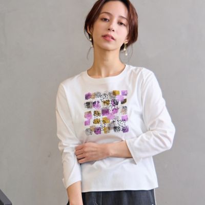 ＜Liliane Burty Eclat (Women/小さいサイズ) ＞【洗える】プリント×スパンコールＴシャツ（７３１２２６０５）