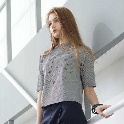 ＜Liliane Burty Eclat (Women/小さいサイズ) ＞【Ｓ・Ｍサイズ】綿１００％細ボーダー加工Ｔシャツ（７３１２３４５５）