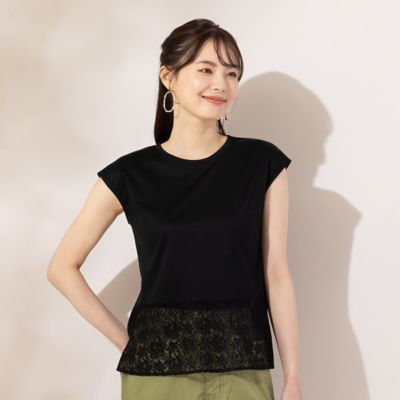 【Ｓ・Ｍサイズ】裾レース切替　スムース無地Ｔシャツ（７３１２５４０１）