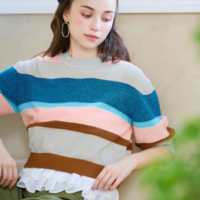 【Ｓ・Ｍサイズ】ウォッシャブル変わり織りボーダー　プルオーバーニット（７３１３２５０４）