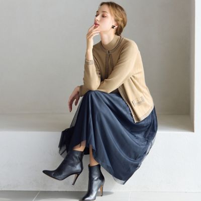 洗える／アンサンブル対応】柄縁取りウール混ニットカーディガン