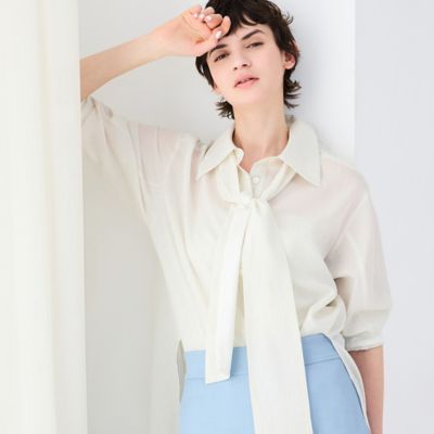 ＜R-ISM(Women) ＞【洗える・リボンタイ付き】ウォッシャブルストライプシャツ（８１０３３６０８）