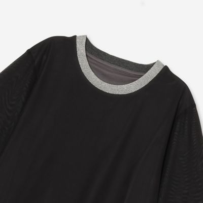 洗える・ラメ襟・S／M／Lサイズ】チュールコンビカットソー