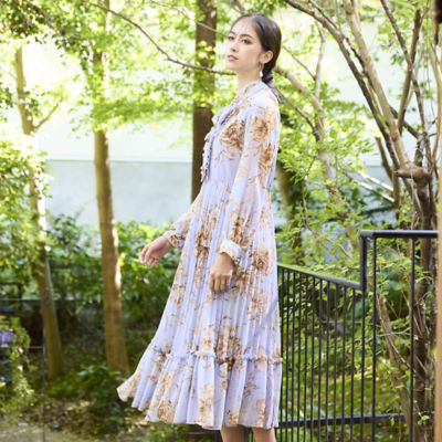 大きめ23区アプロディール シフォンボウタイサテンプリーツワンピース2XL リゾートワンピース ボウタイワンピース Aライン[品番