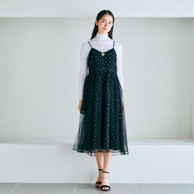 【美品】リランドチュール　ローズドット刺繍ティアードキャミ　オフショルダー ゴールド オフショルダー コード刺繍ミモレ丈ドレス｜TADASHI