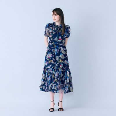 【新品♡希少42】ローズティアラ　フラワープリント前ボタンフレアワンピース　紺 パリプリントワンピース（83013603） | Rose Tiara (Women