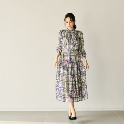 ▼極美品✨ローズティアラ【46】大きいサイズ チェック レースドレスワンピース フラワーチェックプリントワンピース（83015503