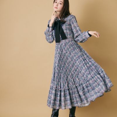 【美品♡希少46】ローズティアラ　華やかプリントワンピース　フレアレース袖　紺 新作】フレア袖フラワーワンピース | Rose Tiara【ローズティアラ】