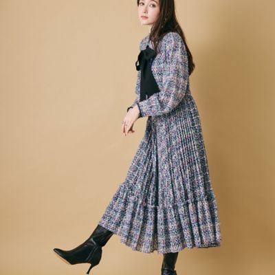 【美品✨】ローズティアラ　ワンピース　襟付き　ボウタイ　4way 42 フラワーモノトーンレースワンピース（83011402