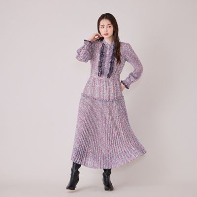 ✨美品✨Rose Tiara 46サイズ ツイードワンピース フリンジ長袖大きめ ファンシーツィードプリントプリーツワンピース（83015607
