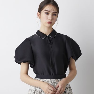 美品 大きいサイズ ローズティアラ パール ドット柄 ブラウス オパールドットリボンブラウス（51021501） | Rose