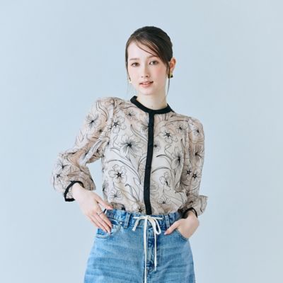 シアー刺繍バイカラーダブルリボンブラウス（83032603 