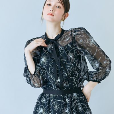 ＜Rose Tiara (Women/大きいサイズ)＞シアー刺繍バイカラーダブルリボンブラウス（８３０３２６０３）