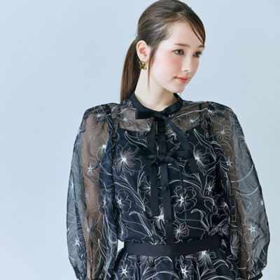 シアー刺繍バイカラーダブルリボンブラウス（83032603