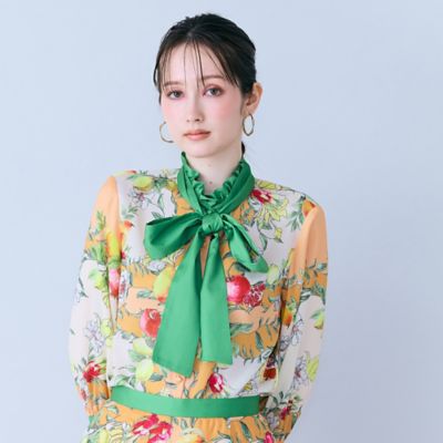 Christian Dior ボウタイ ブラウス 花柄　フルーツ　ストライプ フルーツパネルプリントボウタイ付きブラウス（83032610