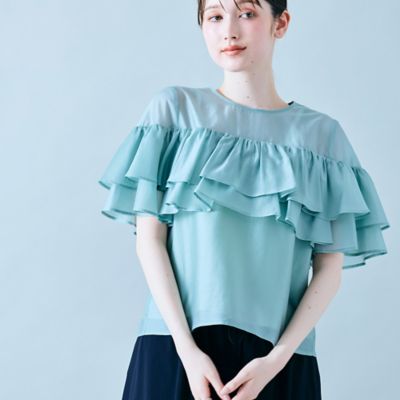 412u*美品 大きい46 ローズティアラ フラワーフレアスリーブ ブラウス 22fabric】ボタニカルフラワー／ 襟付きブラウス