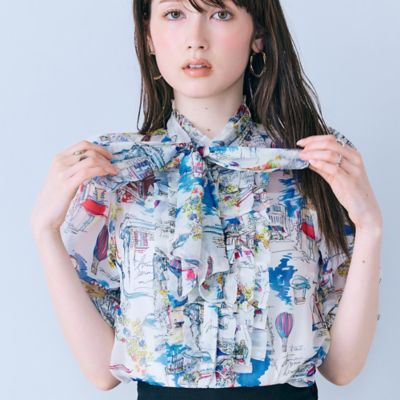 ＜Rose Tiara (Women/大きいサイズ)＞パリプリントリボンタイ付きブラウス（８３０３３６０３）