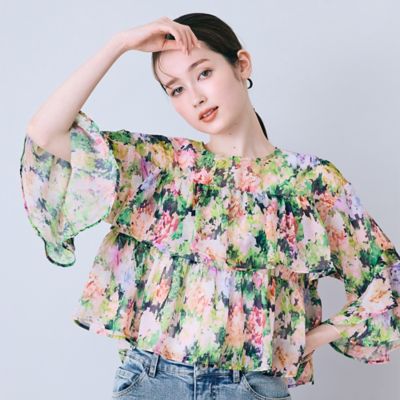 【新品】フローラル刺繍7分ブラウス、レース×フラワープリントプリーツスカート モザイクフラワープリントブラウス（83033604） | Rose Tiara