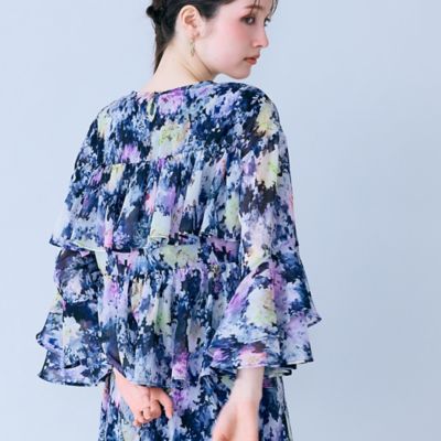 【新品】フローラル刺繍7分ブラウス、レース×フラワープリントプリーツスカート モザイクフラワープリントブラウス（83033604） | Rose Tiara