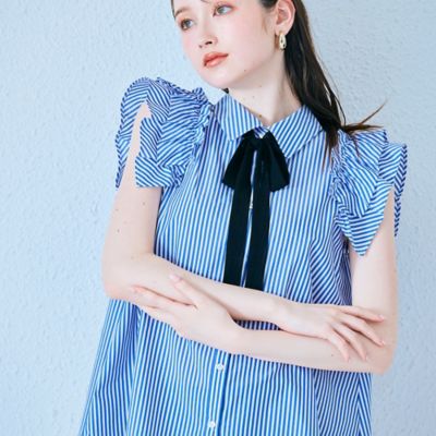 ＜Rose Tiara (Women/大きいサイズ)＞ダブルスリーブフレアシャツブラウス／ストライプ（８３０３４５０４Ａ）