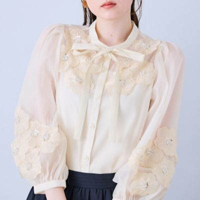 極美品 ローズティアラ フラワー総刺繍レースブラウス 大きいサイズ 46 裏地付 人気のため追加】フラワーモチーフシアーブラウス（83034616