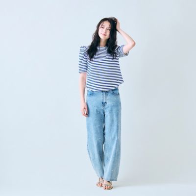 完売商品、ゆったりサイズ新品ローズティアラパールボタン付き、ソフトデニムGジャン 人気のため追加】パールスタッズカーブデニム（83052510