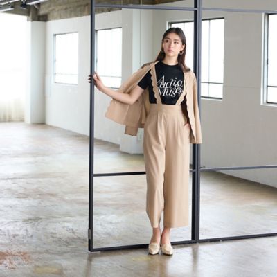 Y's サスペンダー付 ドット柄 ワイドパンツ 本革 ロゴ刻印 ブラック