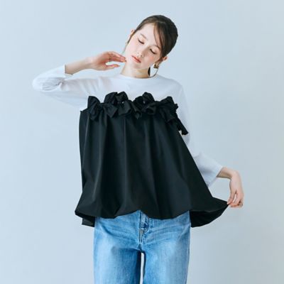 ＜Rose Tiara (Women/大きいサイズ)＞リボンモチーフ付き異素材カットソー（８３１２２６０２）