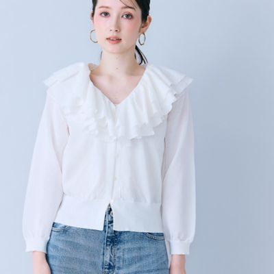 ＜Rose Tiara (Women/大きいサイズ)＞ミルフィーユラッフルカラーカーディガン（８３１３３６０１）