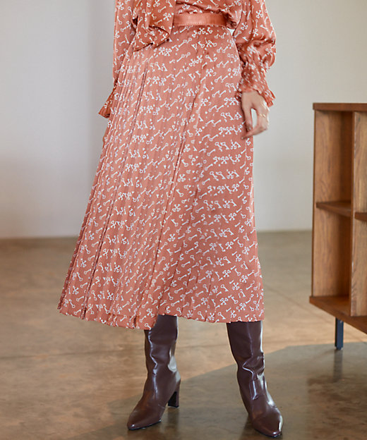 【SALE】キープリントプリーツ スカート 31オレンジ ロングスカート