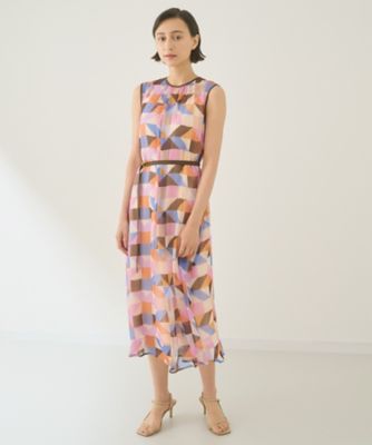 アートブロックプリントリボンベルト付ワンピース