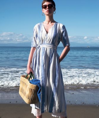 【新品】【HOUSE OF LOTUS】カディストライプワンピース(水色M) カディストライプカシュクールワンピース