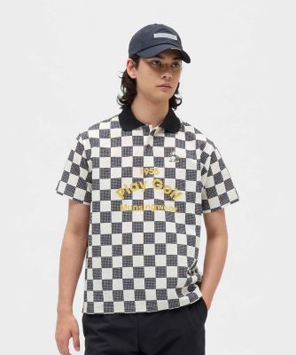 ＜Munsingwear＞マンシングウェア　ＭＵＮＳＩＮＧＷＥＡＲ　吸汗速乾ストレッチチェッカーフラッグ総柄プリント半袖ポロシャツ（ＭＧ５ＦＨＳ５０Ｍ）