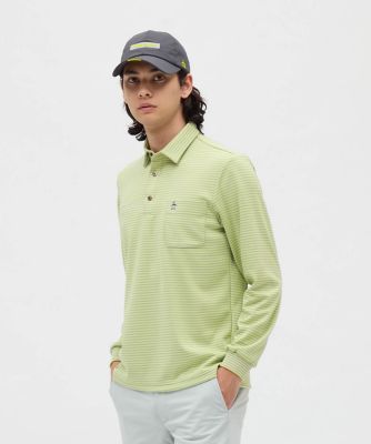 新品マンシングウェアHEAT NAVIロゴ総柄プリント台衿付き長袖ポロシャツLL マンシングウェア MUNSINGWEAR HEAT NAVI ロゴ総柄プリント台衿付き