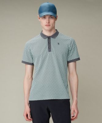【chocolate 】　ミントグリーン　プリント柄 ポロシャツ 半袖 MUNSINGWEAR サンスクリーンNIRマルチロゴ総柄プリント 半袖ポロシャツ