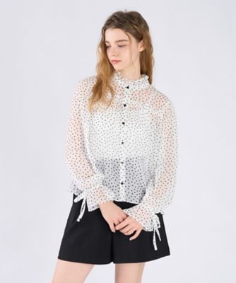 ドットプリント ヨウリュウ 長袖 ギャザー ブラウス