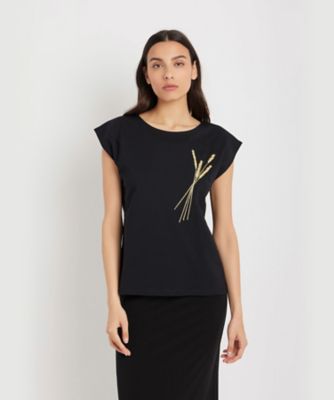 tシャツ 刺繍レタリングボートネックノースリーブシャツ レディース classicalelf tシャツ 大人可愛いの新定番。袖リンガーボート