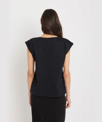 tシャツ 刺繍レタリングボートネックノースリーブシャツ レディース 大人可愛いの新定番。袖リンガーボートネック胸刺繍ボーダーT